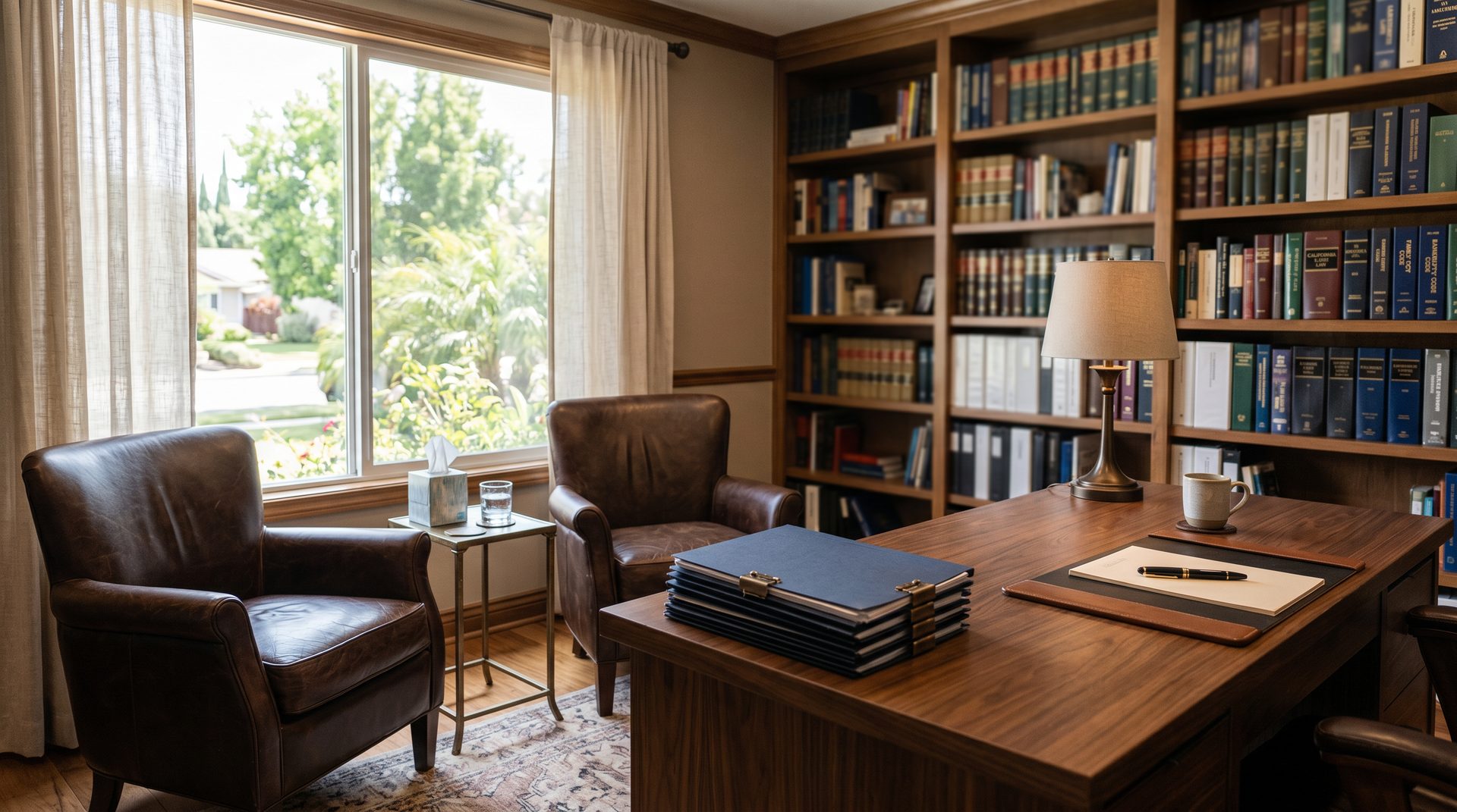 Warm, dignified consultation office at Grider Law Office with a wooden desk, law books and soft morning light