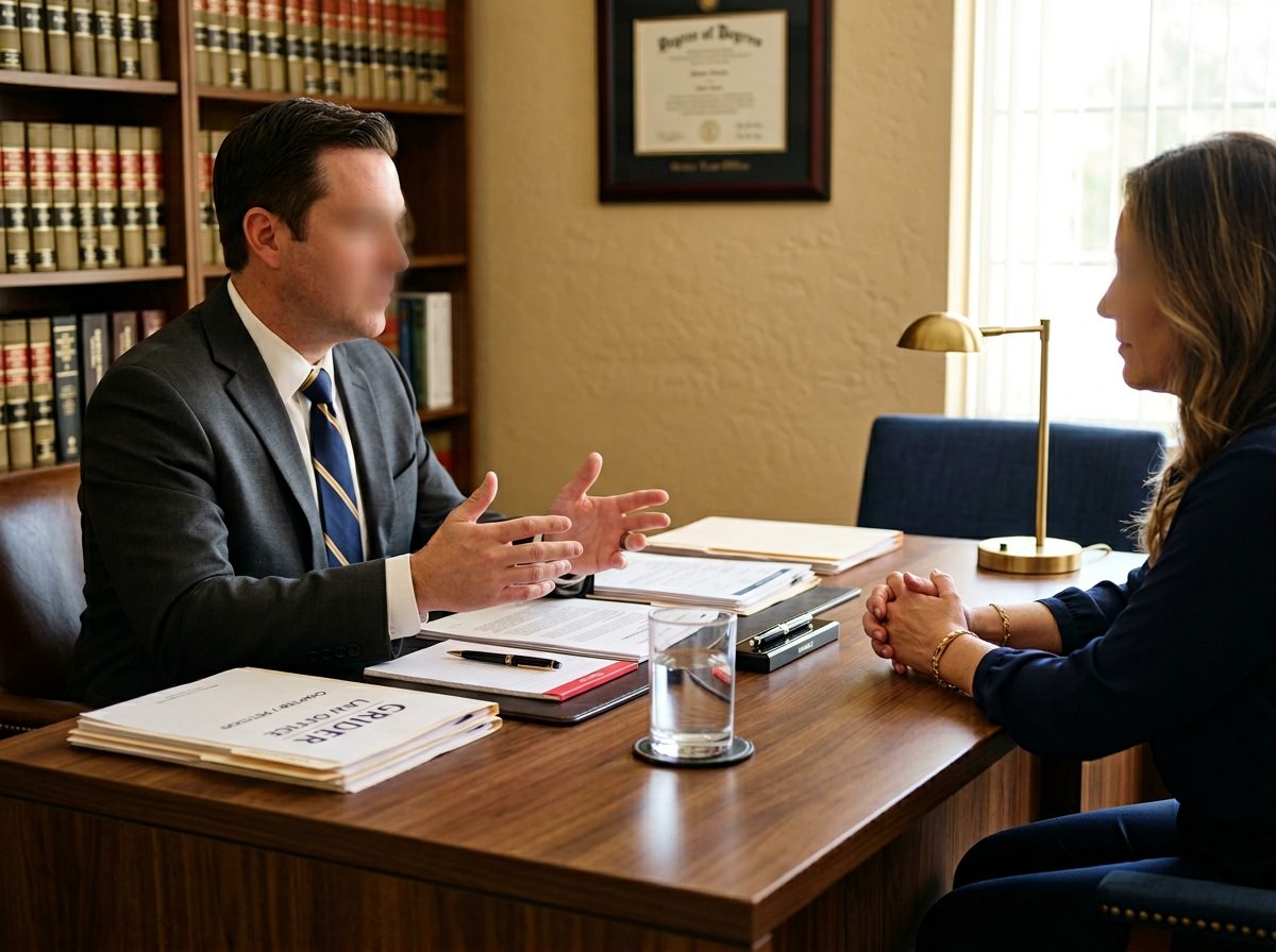 Attorney and client reviewing organized paperwork together across a desk at Grider Law Office
