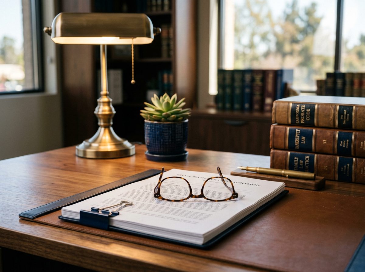 Reading glasses resting on a bound legal document on a warm wooden desk at Grider Law Office